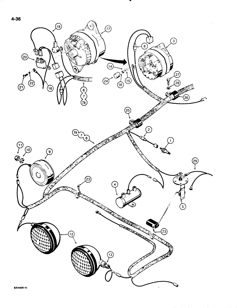 Схема запчастей Case W20C - (4-036) - ELECTRICAL CIRCUIT, REAR HARNESS TO ALTERNATOR AND LAMPS, USED ON W18B & BEFORE W20C P.I.N. 9155766 (04) - ELECTRICAL SYSTEMS