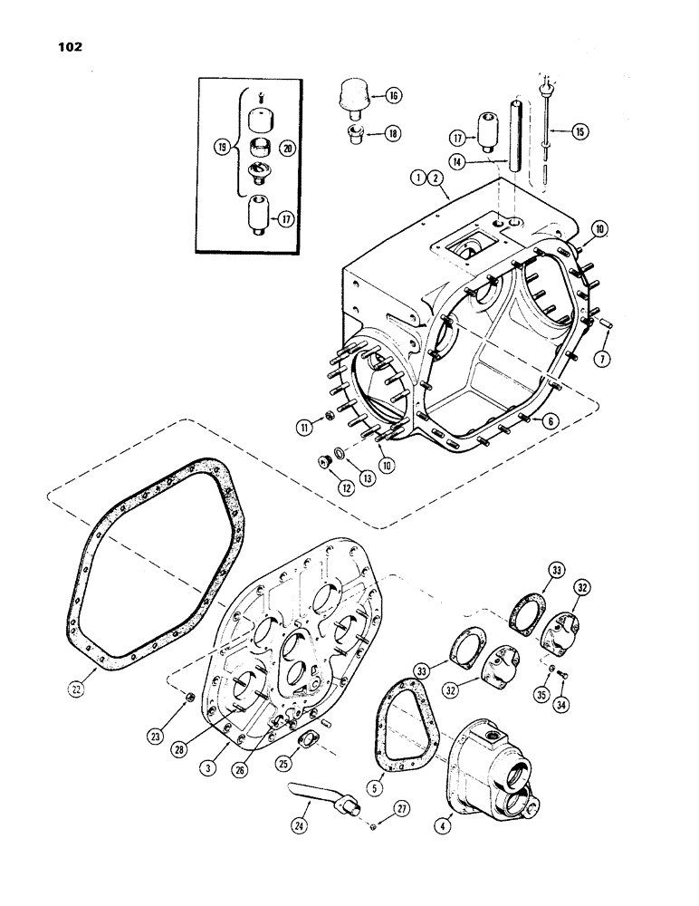 Схема запчастей Case 450 - (102) - TRANSMISSION HOUSING AND FRONT COVERS (03) - TRANSMISSION