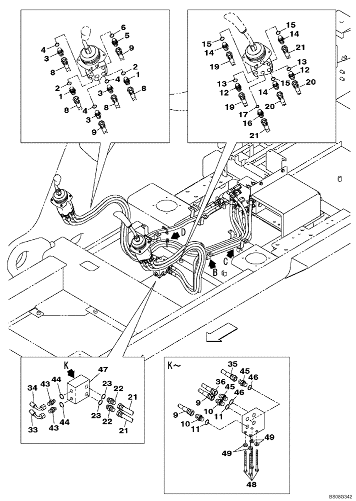 Схема запчастей Case CX470B - (08-40) - PILOT CONTROL LINES, ATTACHMENT - TWO WAY (08) - HYDRAULICS