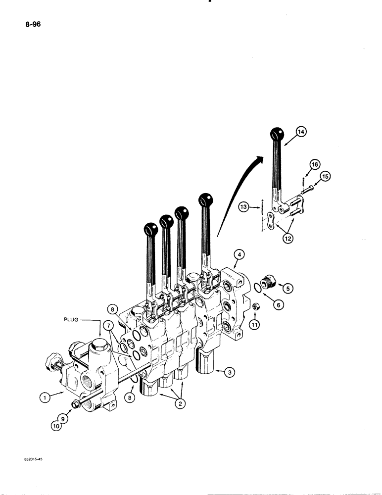 Схема запчастей Case 480E LL - (8-096) - THREE-POINT HITCH CONTROL VALVES, FOUR AND FIVE SPOOL VALVE ASSY., D122164 & D122165 CONTROL VALVES (08) - HYDRAULICS
