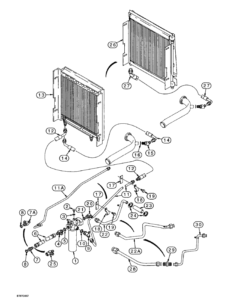 Схема запчастей Case 580L - (8-008) - EQUIPMENT HYDRAULIC SYSTEM, OIL COOLER LINES, RETURN LINES AND FILTER (08) - HYDRAULICS