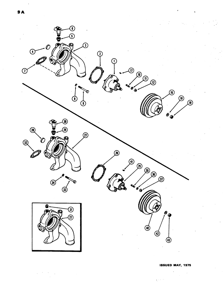 Схема запчастей Case W24B - (009A) - WATER PUMP, (504BD) DIESEL ENGINE, USED WITH SMALL CRANKSHAFT 1ST USED ENG. SN.2572011, (02) - ENGINE