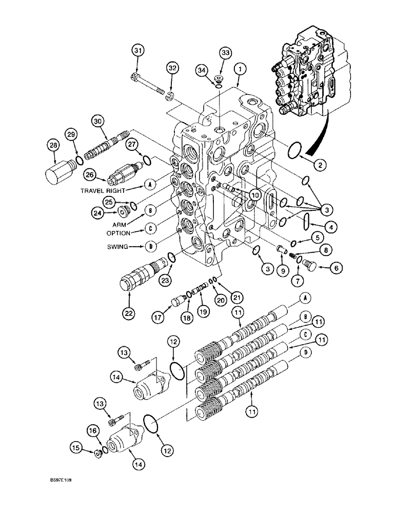 Схема запчастей Case 9020B - (8-120) - CONTROL VALVE, FOUR SPOOL HOUSING AND RELATED PARTS (08) - HYDRAULICS