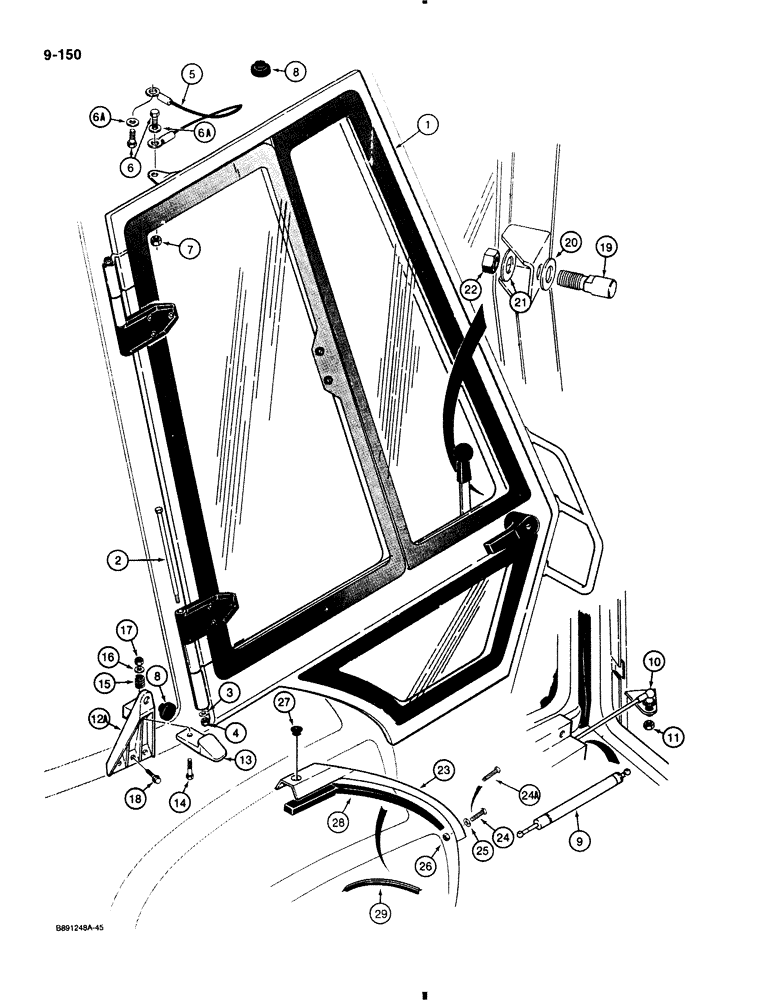Схема запчастей Case 580K - (9-150) - LEFT-HAND AND RIGHT-HAND CAB DOOR MOUNTING (09) - CHASSIS/ATTACHMENTS