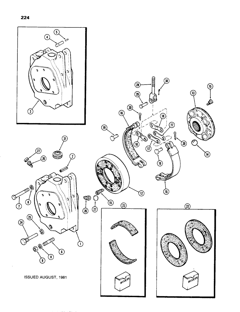 Схема запчастей Case 480C - (224) - DIFFERENTIAL BRAKE HOUSING AND BRAKE, TRANSAXLE (33) - BRAKES & CONTROLS