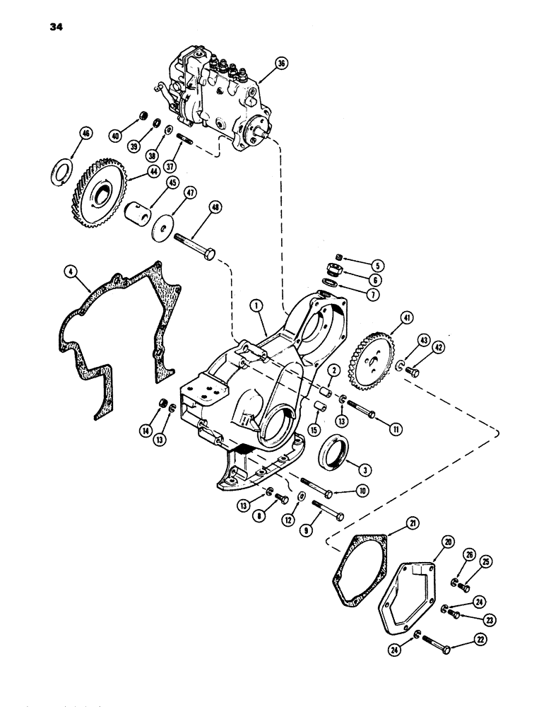 Схема запчастей Case 680E - (034) - TIMING GEAR COVER, 336BD DIESEL ENGINE, INJECTION PUMP DRIVE (10) - ENGINE