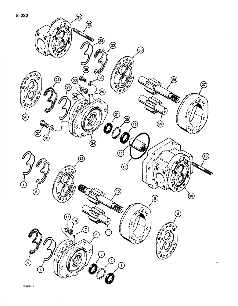 Схема запчастей Case 1080B - (8-222) - MAIN HYDRAULIC PUMP - S616173, USED ON MODELS WITH DETROIT DIESEL ENGINE (08) - HYDRAULICS
