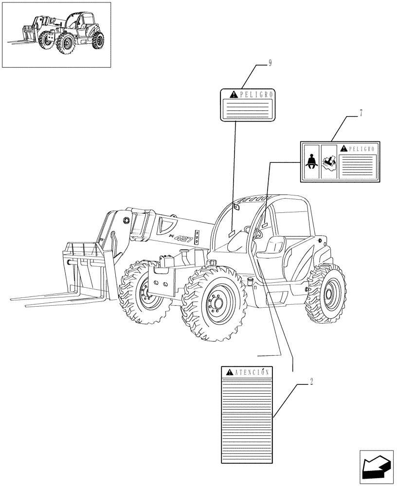 Схема запчастей Case TX945 - (9.00987[01]) - SAFETY PLATES (SPANISH) - OPTIONAL CODE 749098001 (90) - PLATFORM, CAB, BODYWORK AND DECALS