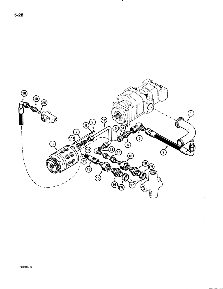 Схема запчастей Case 621 - (5-28) - AUX. STEERING HYDRAULIC CIRCUIT, AUX. STEERING PUMP TO FLOW CONTROL VALVE, P.I.N. JAK0020901 & AFTER (05) - STEERING