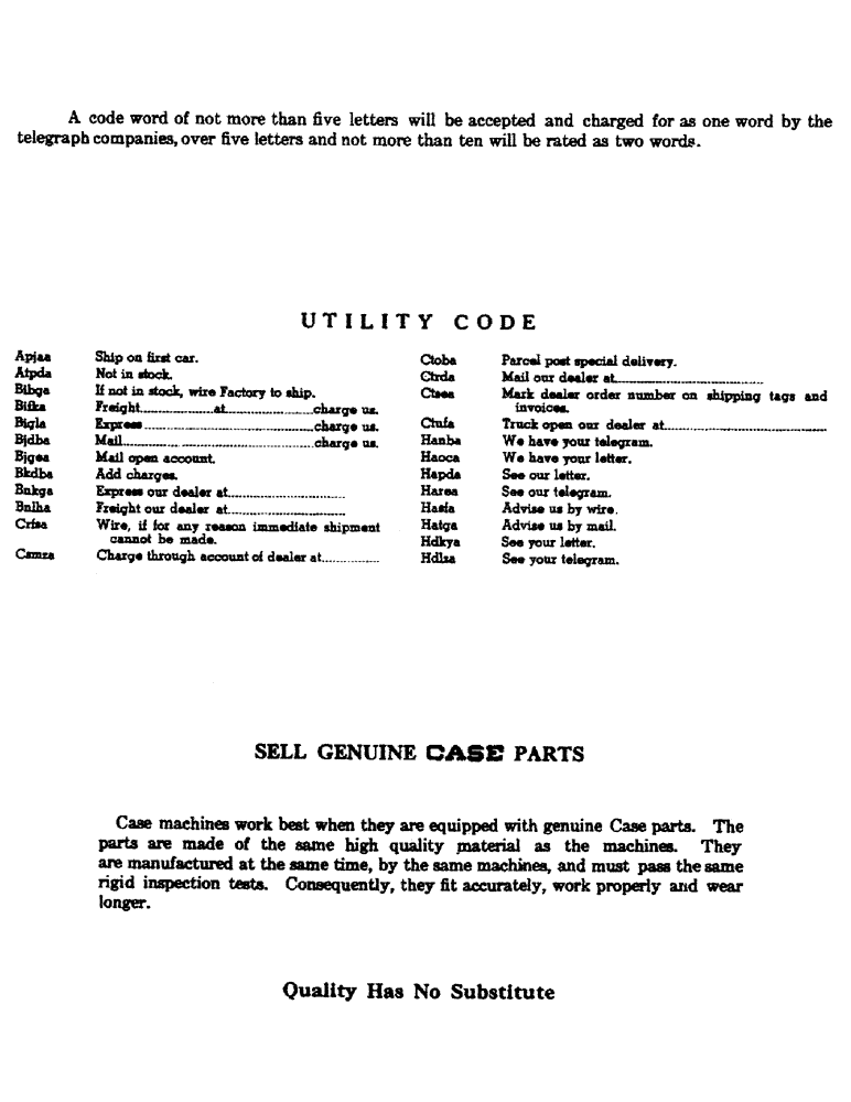 Схема запчастей Case 800 - (003) - UTILITY CODE, SELL GENUINE CASE PARTS (00) - GENERAL