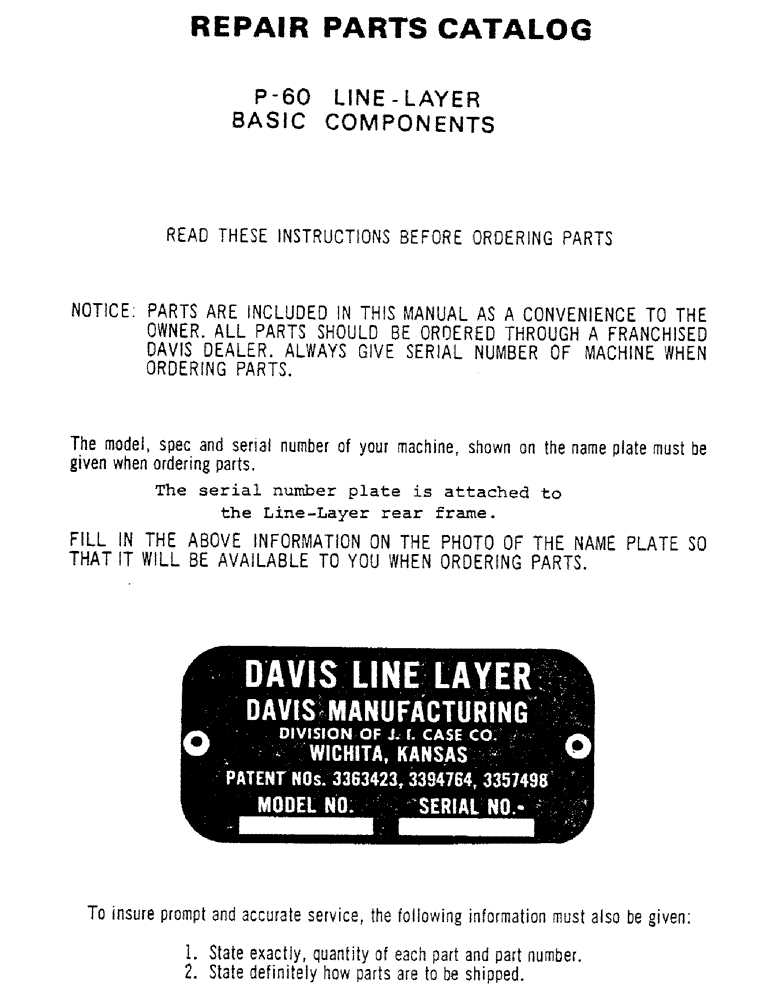 Схема запчастей Case P-60 - (01) - READ THESE INSTRUCTIONS BEFORE ORDERING PARTS 