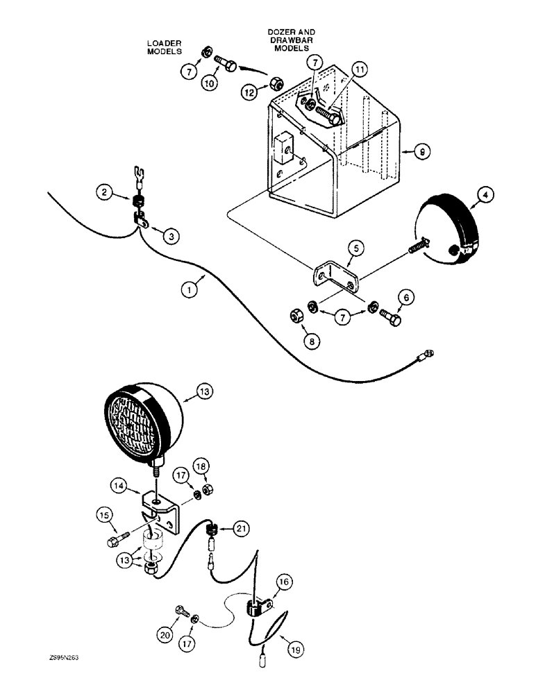 Схема запчастей Case 1155E - (4-34) - LAMPS AND WIRING, MODELS WITHOUT ROPS CANOPY OR CAB, SIDE MOUNTED FRONT FLOOD LAMPS, REAR FLOOD LAMP (04) - ELECTRICAL SYSTEMS