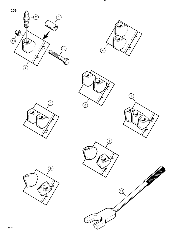 Схема запчастей Case P60 - (236) - DIGGING TEETH, ROCK AND FROST, STANDARD PARTS, 6 INCH WIDTH, NUMBER OF CHAIN PITCHES (89) - TOOLS