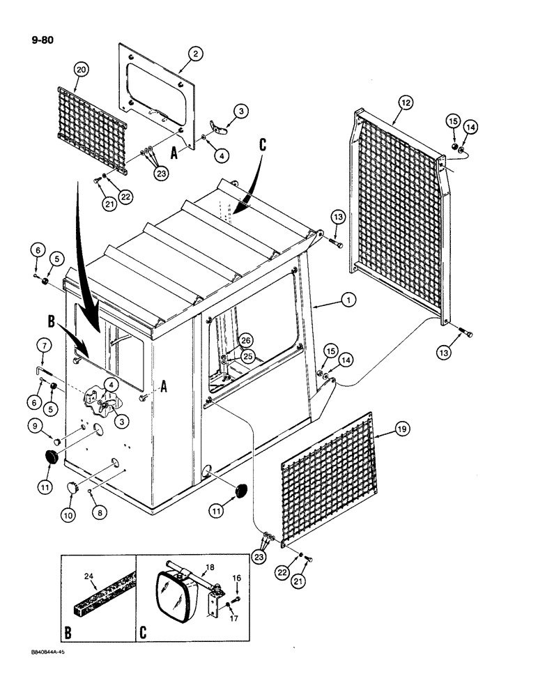 Схема запчастей Case 1085C - (9-080) - MATERIAL HANDLING CAB, CAB AND WINDOW GUARDS (09) - CHASSIS/ATTACHMENTS