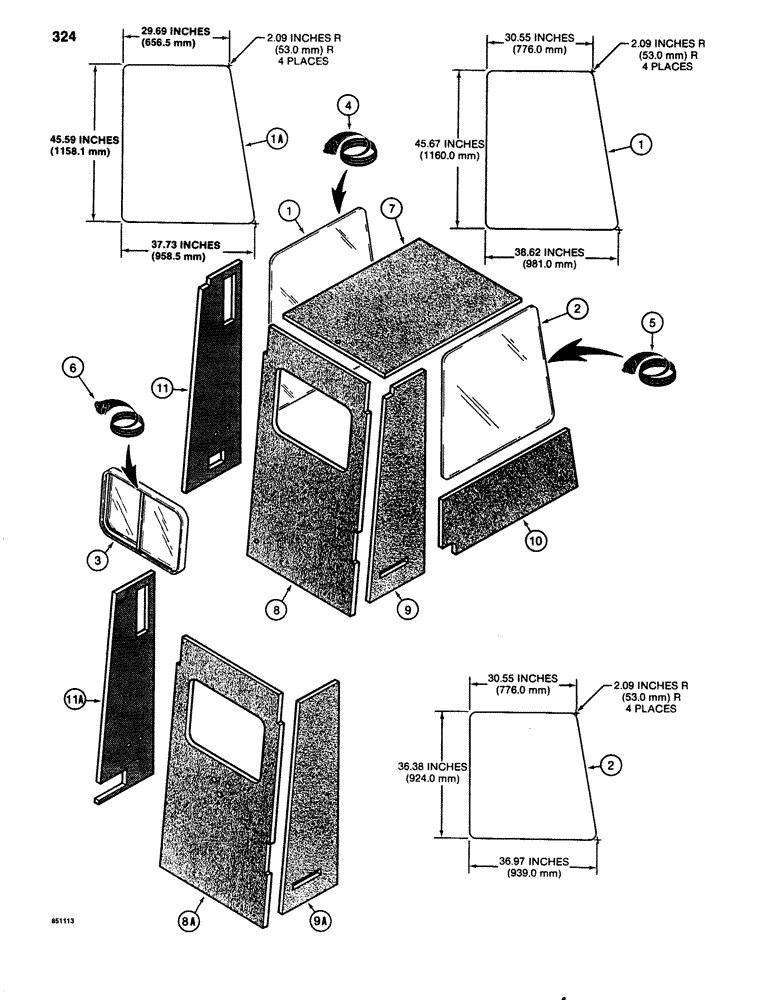 Схема запчастей Case 1080 - (324) - CAB WINDOWS, SEALS, AND INSULATION (90) - PLATFORM, CAB, BODYWORK AND DECALS