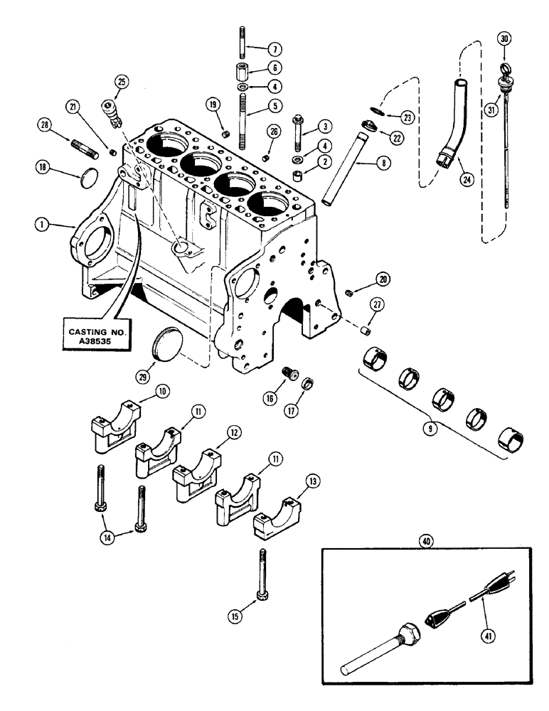 Схема запчастей Case 580B - (024) - CYLINDER BLOCK WITH BOLTS, (188) DIESEL ENGINE, 1ST USED ENG SN 2711005 (02) - ENGINE