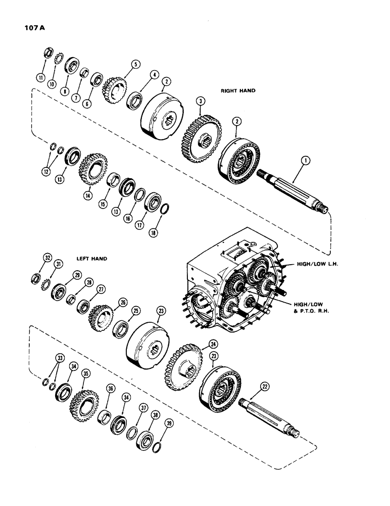 Схема запчастей Case 450 - (107A) - HIGH-LOW CLUTCH SHAFTS, WITH NO CONSTANT RUNNING P.T.O., R.H W/WIDE GEAR (03) - TRANSMISSION