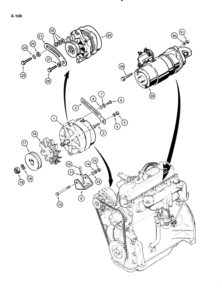 Схема запчастей Case 1835B - (4-108) - STARTER, ALTERNATOR, AND MOUNTING (04) - ELECTRICAL SYSTEMS