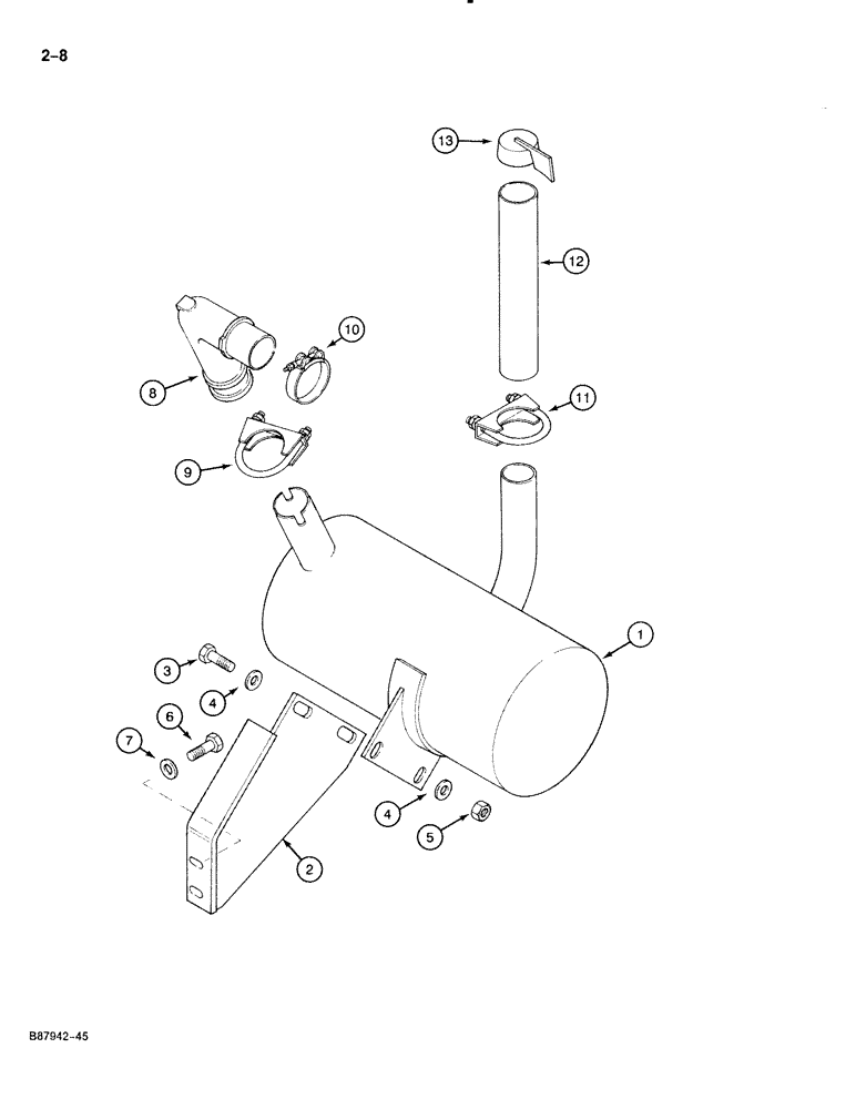 Схема запчастей Case 888 - (2-008) - MUFFLER AND EXHAUST SYSTEM, P.I.N. FROM 74163 TO 74267 (02) - ENGINE