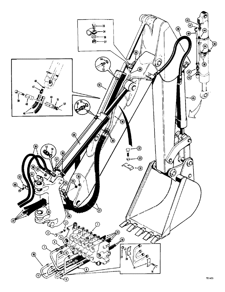 Схема запчастей Case 34 - (088) - BOOM, CROWD AND BUCKET CYLINDER HYDRAULICS, (USED ON BACKHOE SERIAL NUMBER 4157852 AND AFTER) 