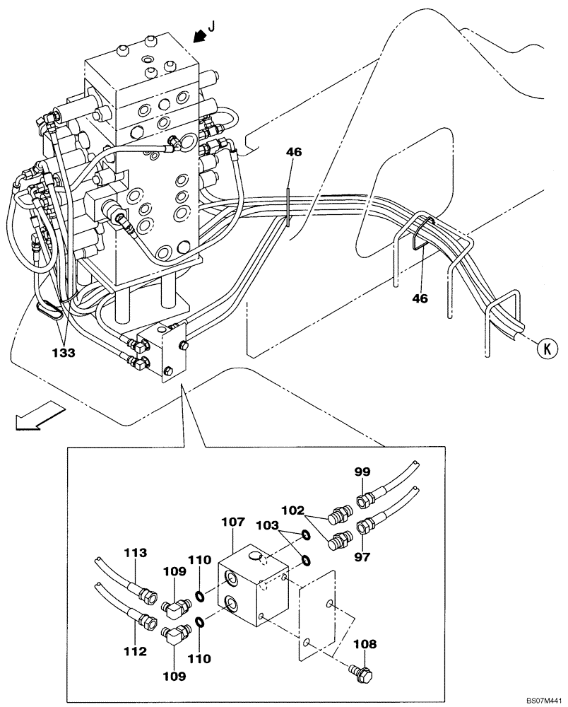 Схема запчастей Case CX135SR - (08-90[06]) - PILOT CONTROL LINES, CONTROL VALVE - MODELS WITH DOZER BLADE (08) - HYDRAULICS