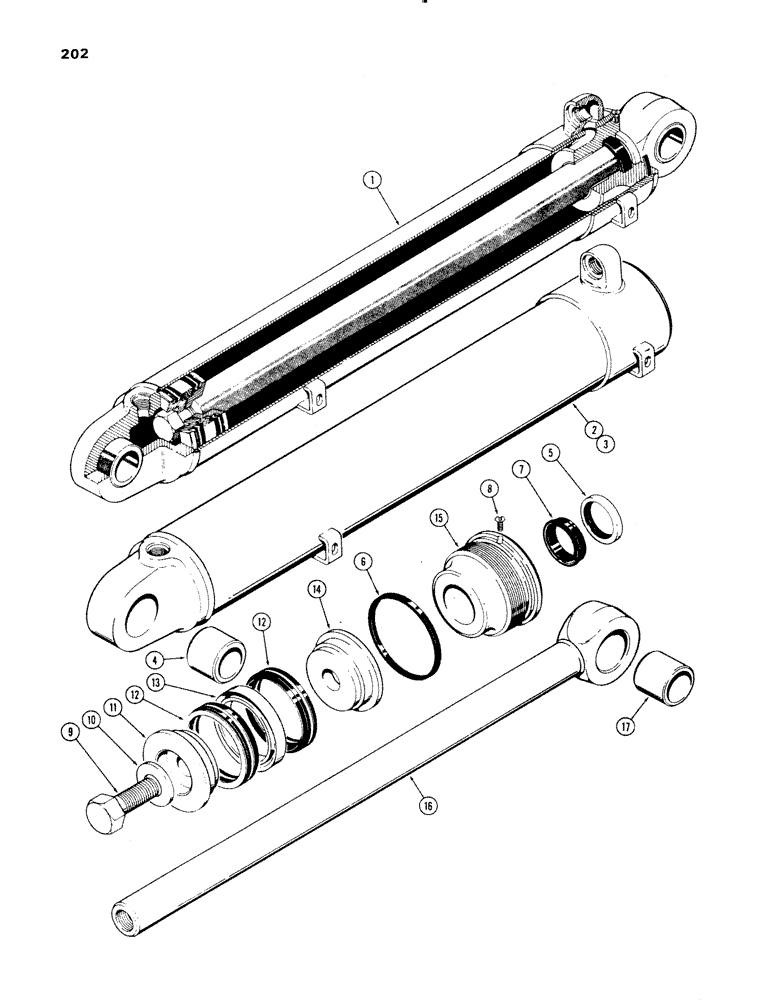 Схема запчастей Case 1150 - (202) - LOADER BUCKET CYLINDER, 1ST USED TRAC. SER. #7300094, 5" I.D. X 30-1/2" STROKE (07) - HYDRAULIC SYSTEM