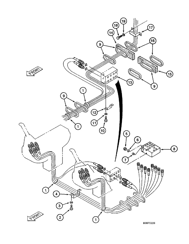 Схема запчастей Case 9045B - (8-020) - SHUTTLE VALVE AND PEDAL CONTROL HOSE SUPPORTS (08) - HYDRAULICS