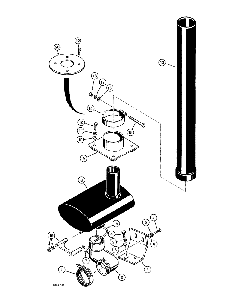 Схема запчастей Case 550E - (2-58) - MUFFLER MOUNTING AND EXHAUST PARTS, MODELS WITH A TURBOCHARGER (02) - ENGINE
