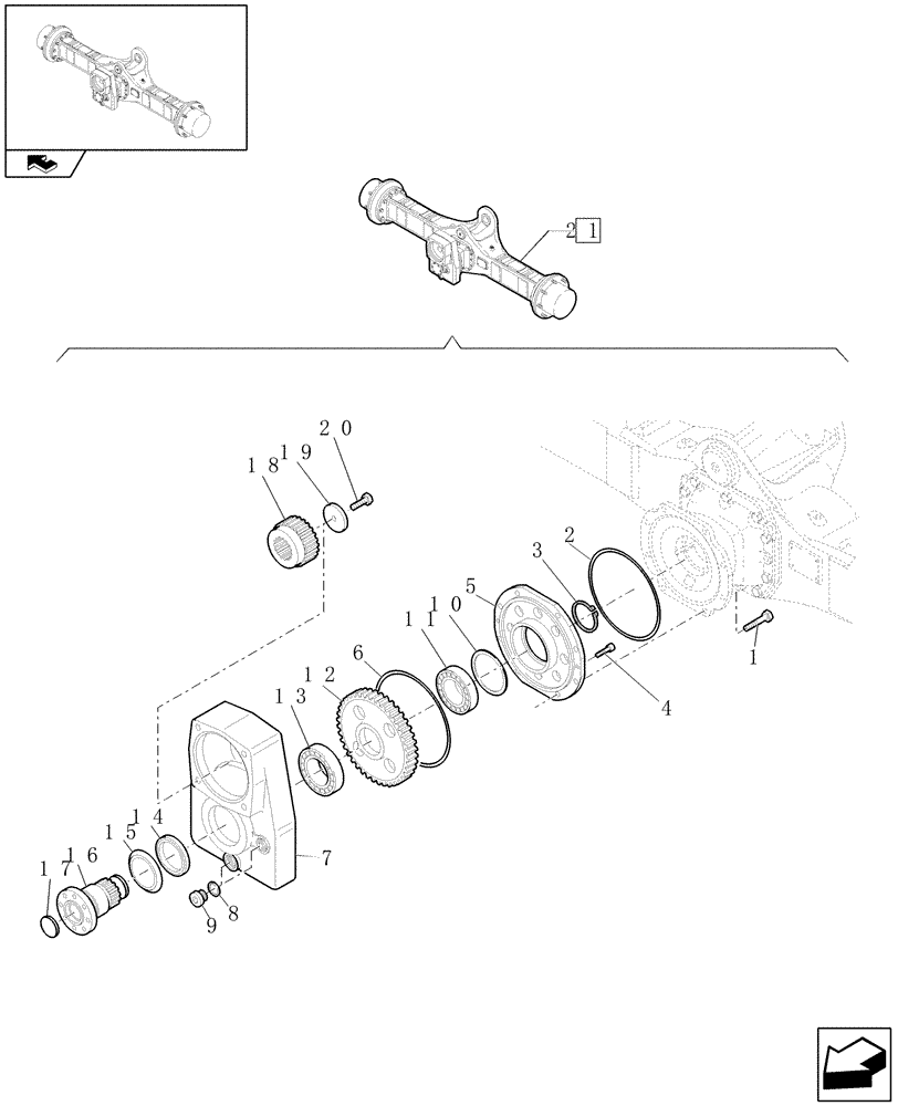 Схема запчастей Case 21E - (073[09]) - 20 KM/H REAR SELF-LOCKING AXLE: GEARBOX (05) - REAR AXLE