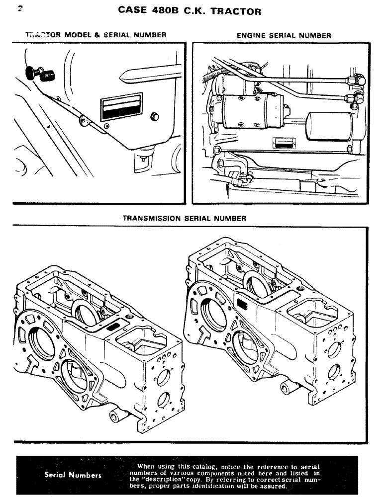 Схема запчастей Case 480B - (002) - TRACTOR MODEL AND SERIAL NUMBER, ENGINE SERIAL NUMBER, TRANSMISSION SERIAL NUMBER 