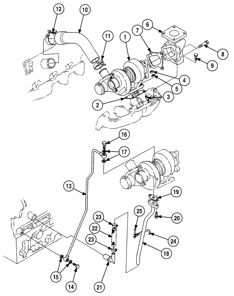 Схема запчастей Case 6010 - (02-21) - TURBOCHARGER SYSTEM, KUBOTA V2003TE ENGINE (10) - ENGINE