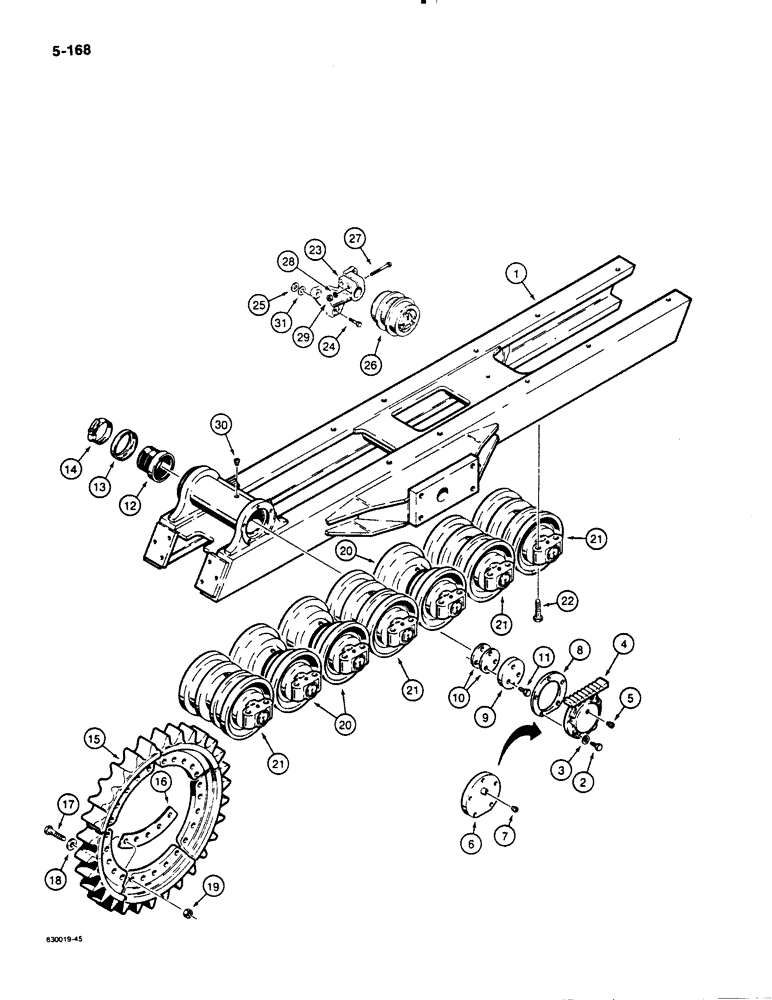 Схема запчастей Case 1455B - (5-168) - TRACK FRAME, SPROCKET, AND ROLLERS, 78" (1981 MM) GAUGE LGP DOZER MODELS (11) - TRACKS/STEERING