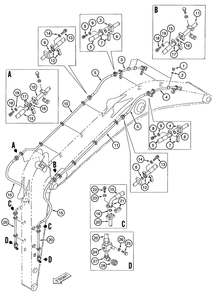 Схема запчастей Case 9050B - (8-116) - AUXILIARY EQUIPMENT OPTIONS, SUPPLY AND CYLINDER LINES, 3.23 METER ARM (08) - HYDRAULICS