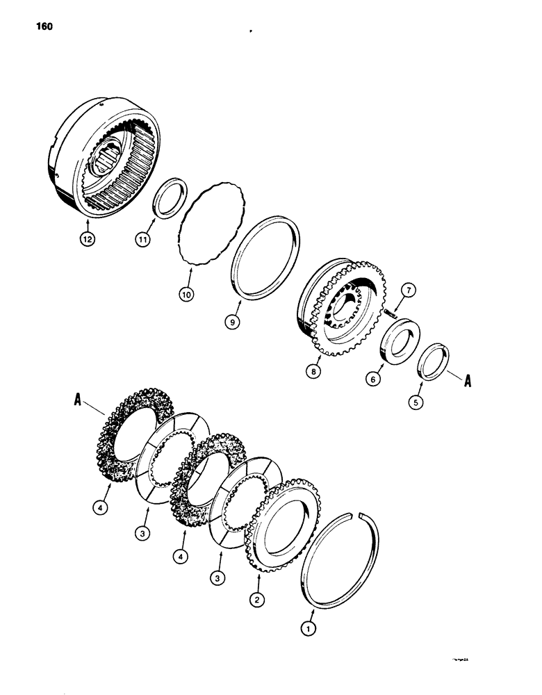 Схема запчастей Case 850B - (160) - TRANSMISSION HIGH AND LOW SPEED CLUTCH, FOR IDENTIFICATION:ITEM 4 & 5 HAVE 3/32" (2.29MM) STEEL CORE (03) - TRANSMISSION