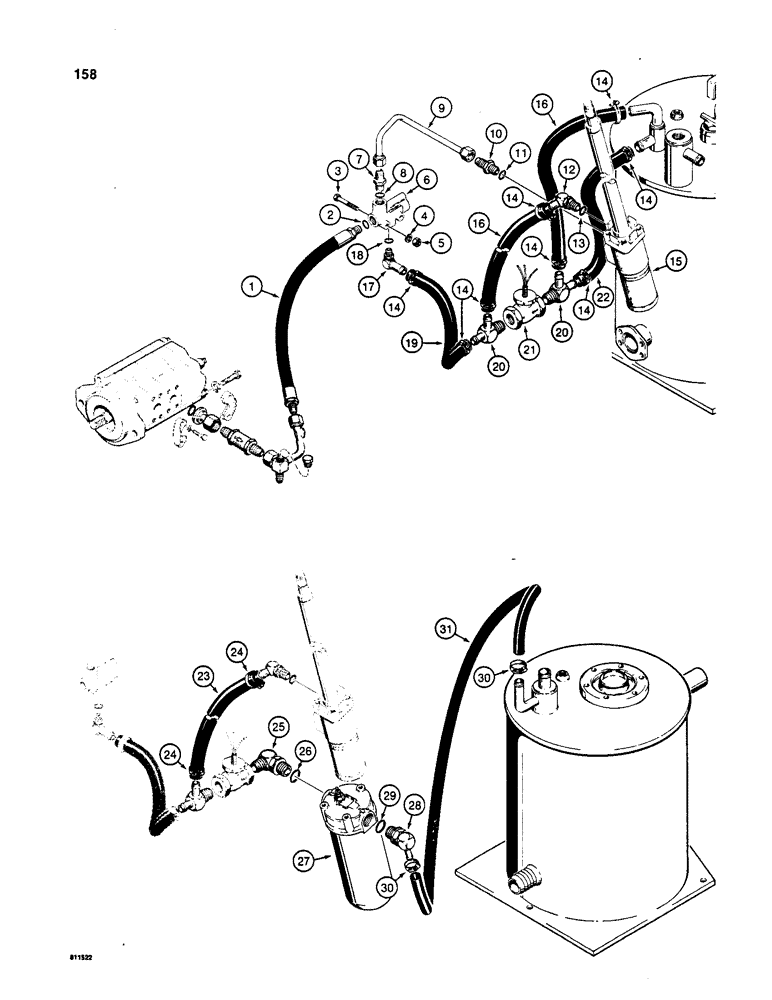 Схема запчастей Case W20 - (158) - AUXILIARY STEERING HYDRAULIC CIRCUIT, FLOW CONTROL VALVE TO RESEVOIR (05) - STEERING