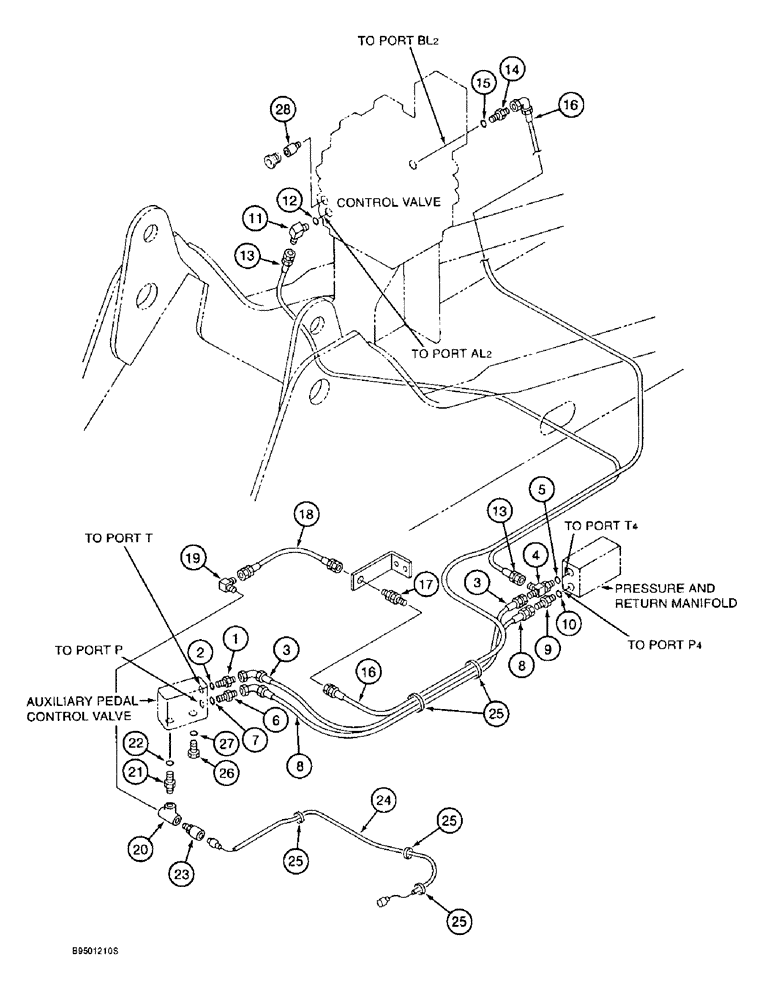 Схема запчастей Case 9020B - (8-076) - SINGLE ACTION AUXILIARY EQUIPMENT OPTION, PILOT CONTROL LINES (08) - HYDRAULICS