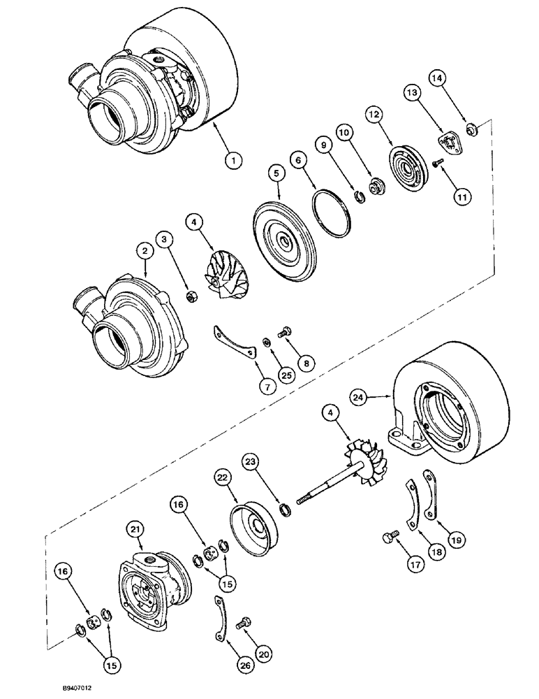 Схема запчастей Case 550E - (2-10) - TURBOCHARGER ASSEMBLY, 4T-390 ENGINE (02) - ENGINE