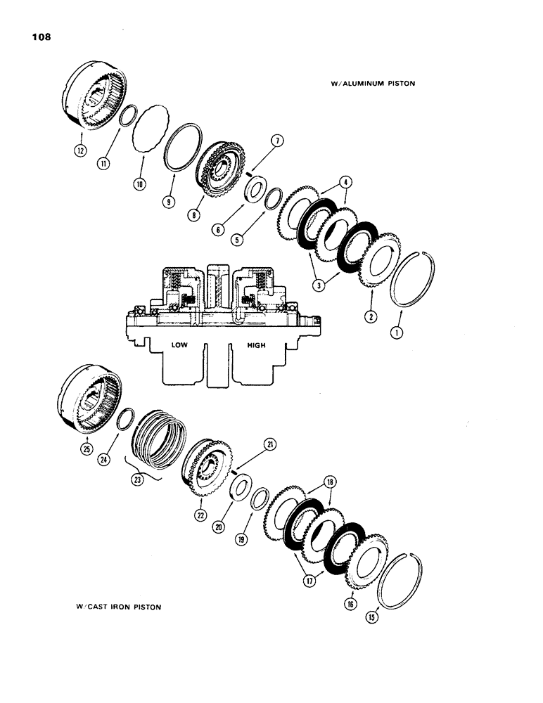Схема запчастей Case 450 - (108) - HIGH & LOW SPEED CLUTCH, WITH ALUMINUM PISTON, 1ST USED TRANS. SN2644129 (03) - TRANSMISSION