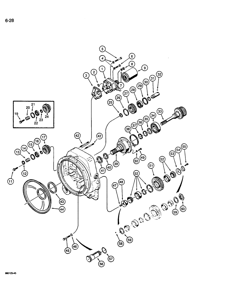 Схема запчастей Case W14B - (6-28) - TRANSMISSION, CHARGING PUMP AND REVERSE IDLER (06) - POWER TRAIN