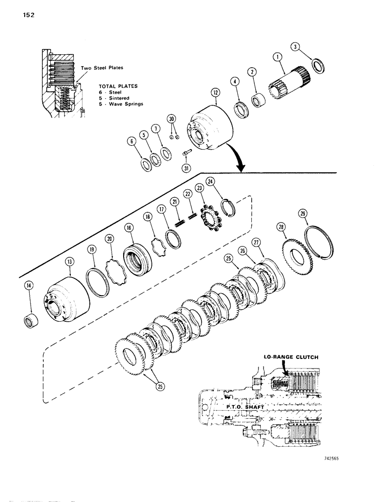 Схема запчастей Case 1150B - (152) - SUN GEAR & LOW RANGE CLUTCH - A50590 TRANSMISSION, 5 PLATE CLUTCH W/ 6 STEEL PLATES (03) - TRANSMISSION