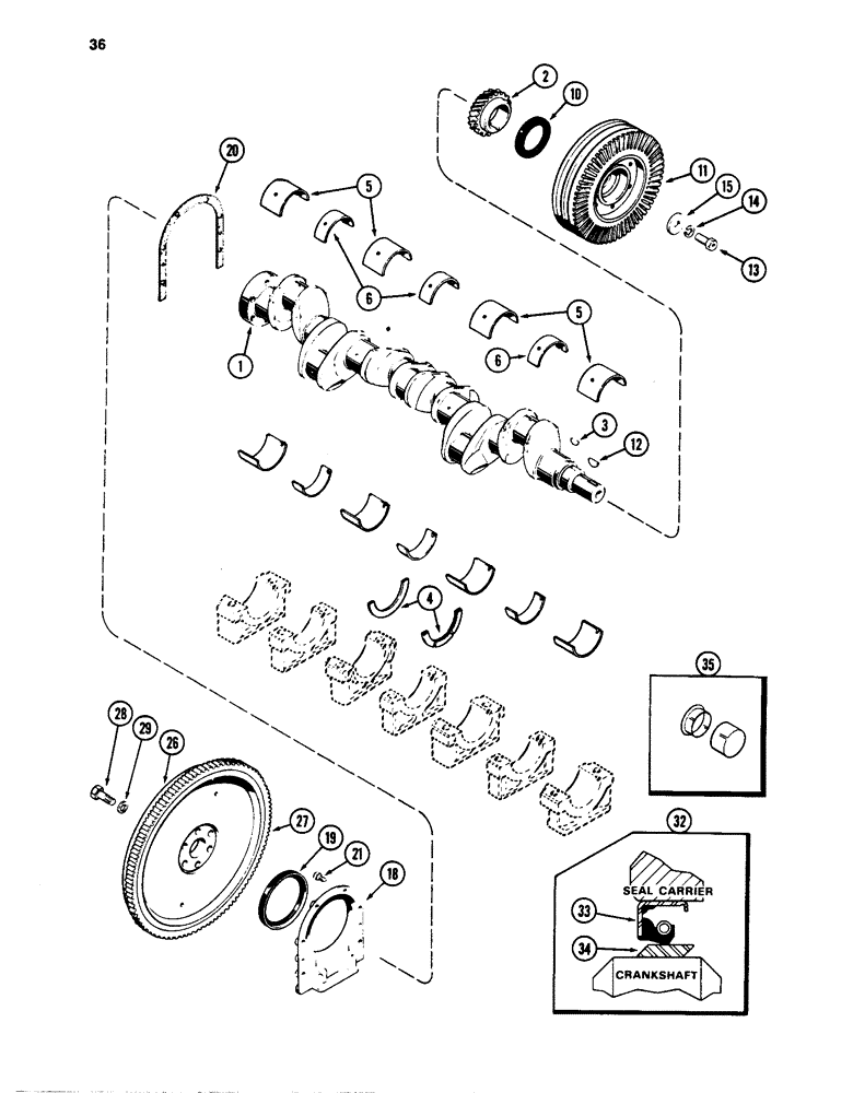 Схема запчастей Case W24C - (036) - CRANKSHAFT AND FLYWHEEL, 504BD AND 504BDT DIESEL ENGINES (02) - ENGINE