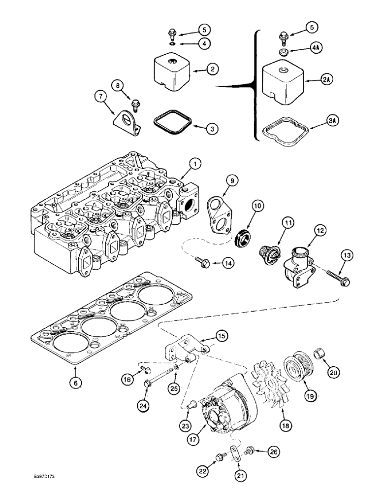 Схема запчастей Case 9010B - (2-058) - CYLINDER HEAD COVER, 4TA-390 ENGINE, PRIOR TO P.I.N. DAC01#2001,THERMOSTAT, HOUSING/ALTERNATOR MNT. (02) - ENGINE