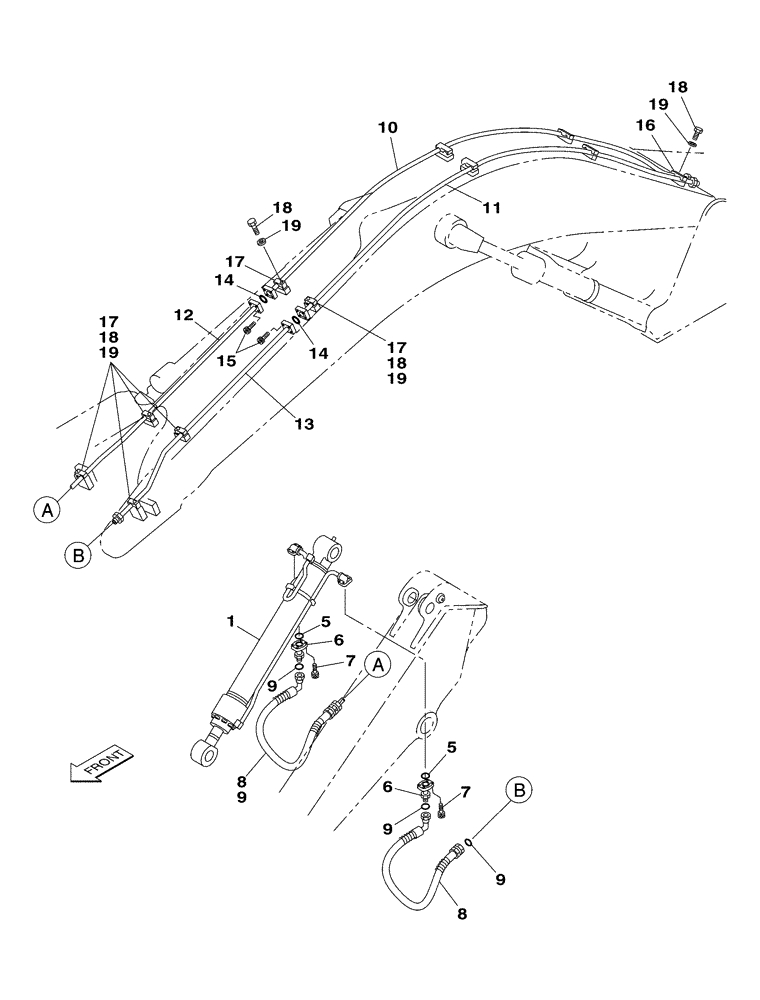 Схема запчастей Case CX350 - (08-057-00[01]) - HYDRAULIC CIRCUIT - BUCKET CYLINDER - DIPPER (2.20 M) (08) - HYDRAULICS