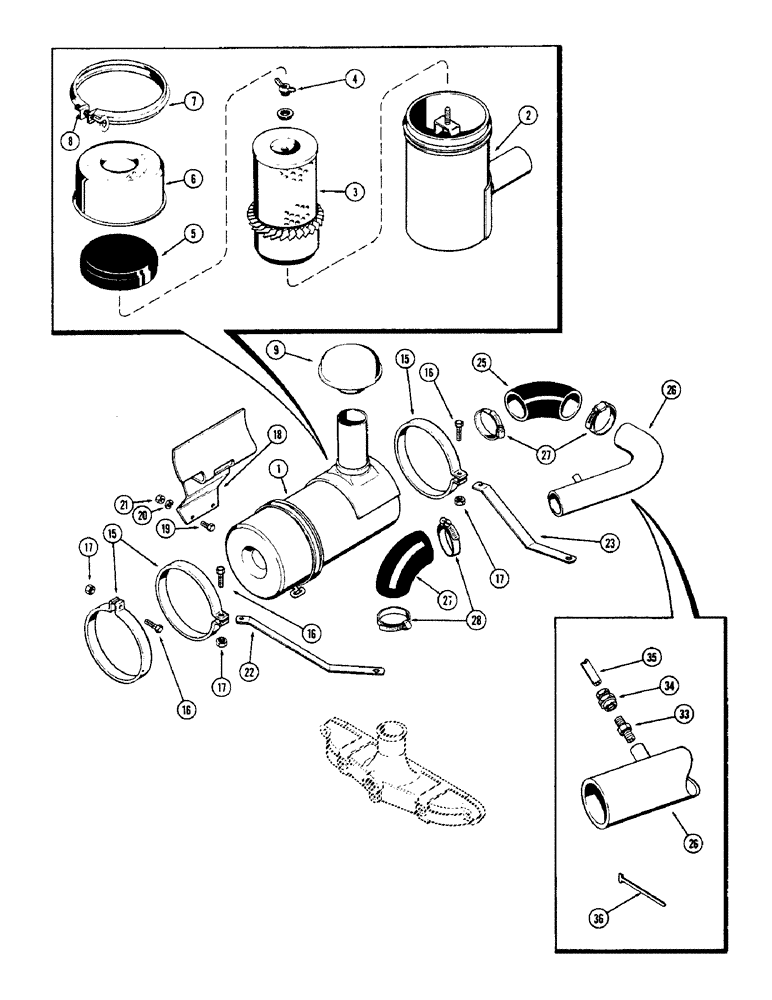 Схема запчастей Case 580B - (016) - AIR CLEANER, (188) DIESEL ENGINE, WITH ALUMINUM INTAKE MANIFOLD 1ST USED ENG SN 2740820 (02) - ENGINE