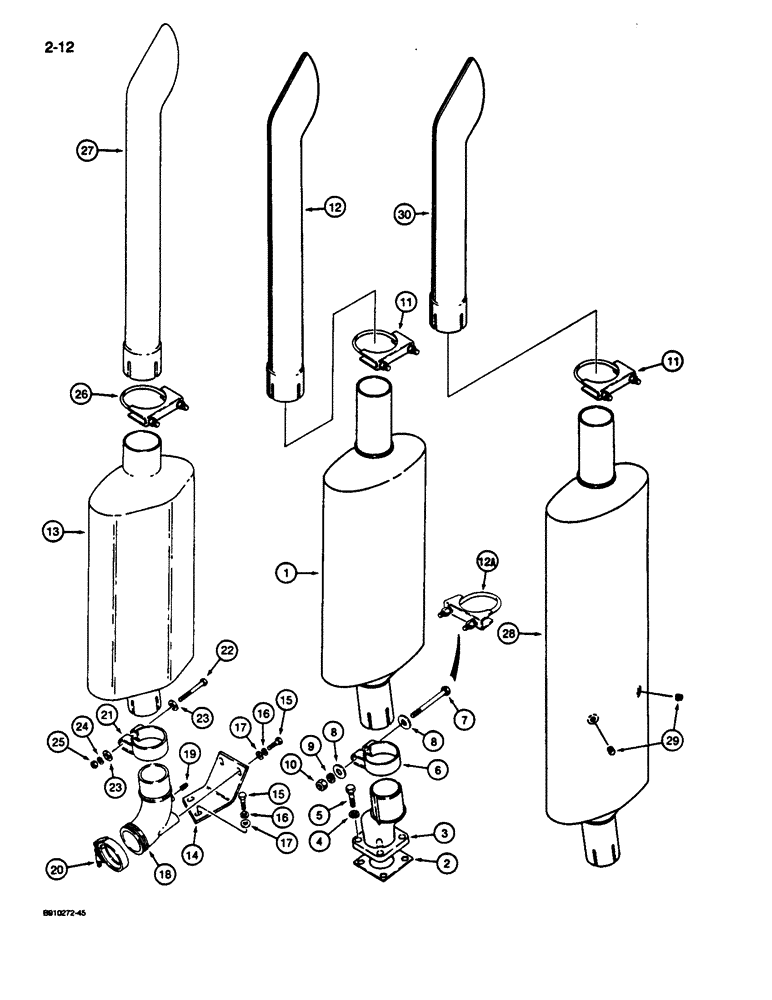 Схема запчастей Case 680L - (2-12) - MUFFLER AND EXHAUST SYSTEM - NATURALLY ASPIRATED ENGINE, TURBOCHARGED ENGINE (02) - ENGINE