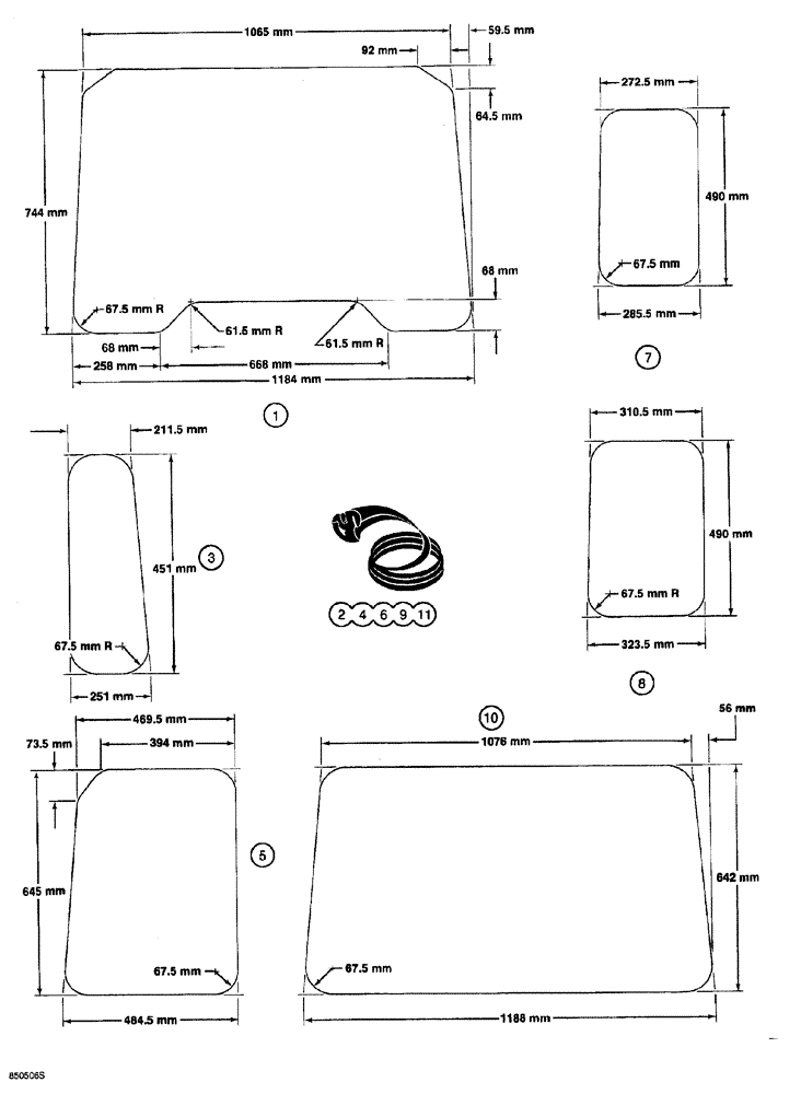 Схема запчастей Case 850G - (9-60) - CAB ASSEMBLY - GLASS - METRIC DIMENSIONS (05) - UPPERSTRUCTURE CHASSIS