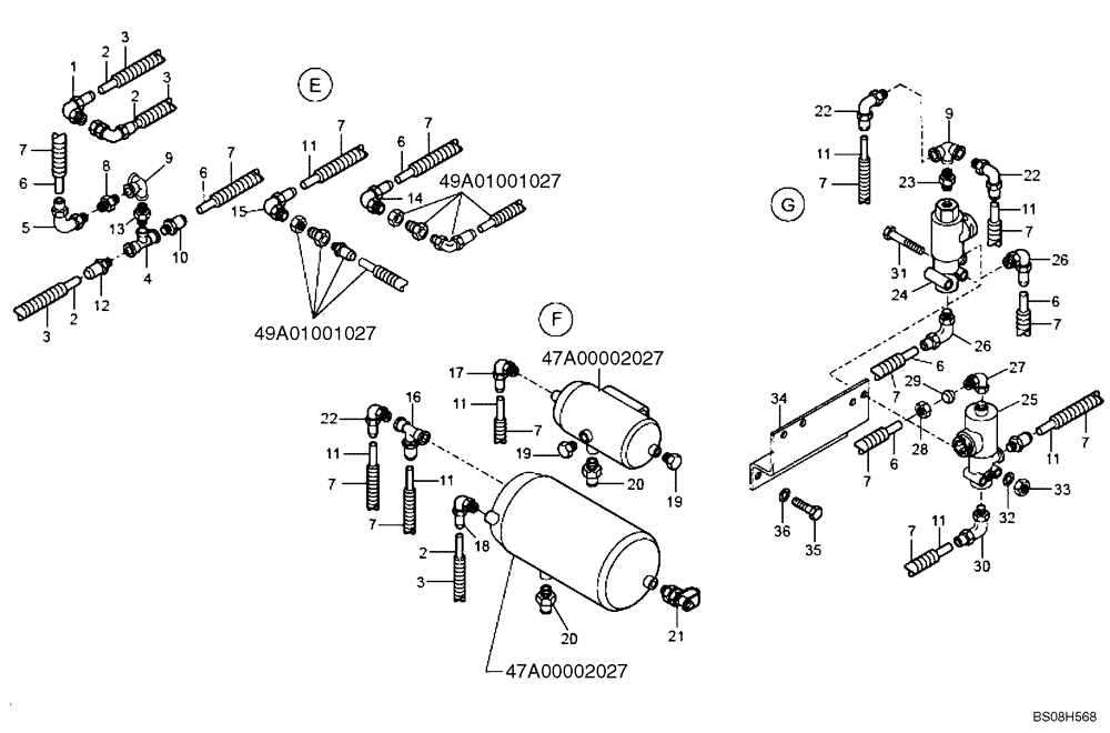 Схема запчастей Case 335B - (49A02021027[001]) - AIR TANKS, FRONT FRAME ( E F G ) PNEUMATICS (SIMPLE MUX P.I.N. HHD0335BN8PG58100 AND AFTER) (84137718) (09) - Implement / Hydraulics / Frame / Brakes