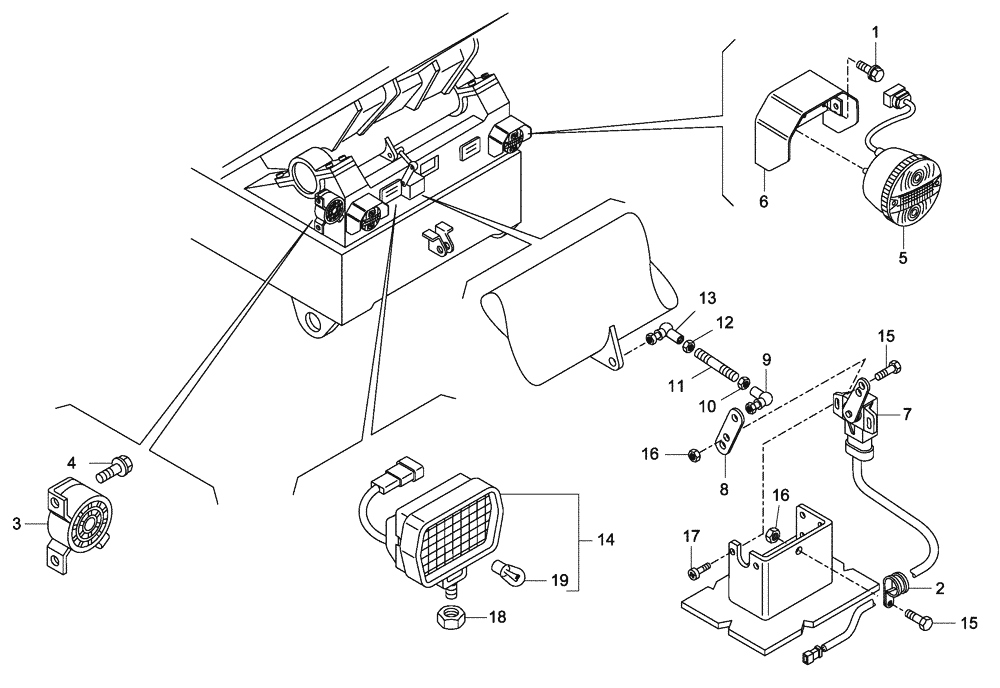 Схема запчастей Case 340 - (67A03011463[001]) - ELECTRICAL CIRCUIT FRAM - REAR LIGHTS - HORN (87552007) (13) - Electrical System / Decals