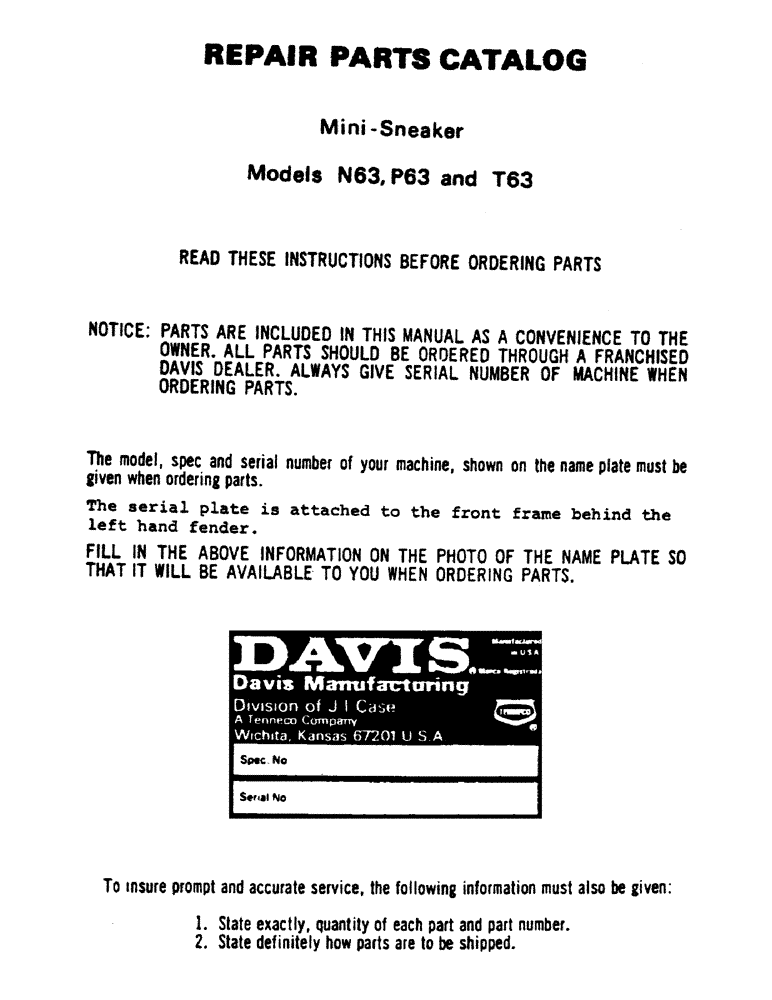 Схема запчастей Case N63 - (01) - READ THESE INSTRUCTIONS BEFORE ORDERING PARTS 