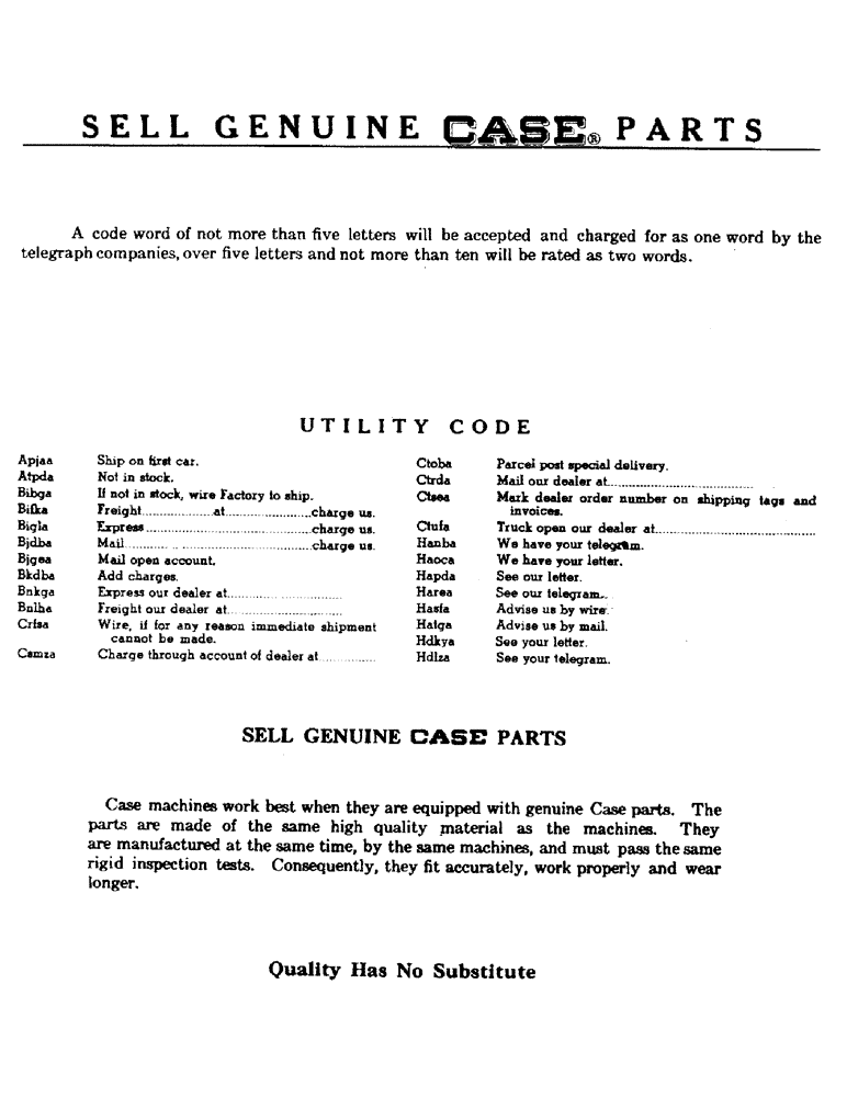 Схема запчастей Case 1000 - (003) - UTILITY CODE, SELL GENUINE CASE PARTS (00) - GENERAL
